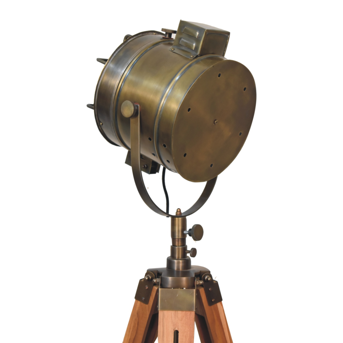 Stylish Artisan Furniture Home Decor Accessories - Caged Brass Spotlight Floor Lamp with 3 natural finish tripod legs.