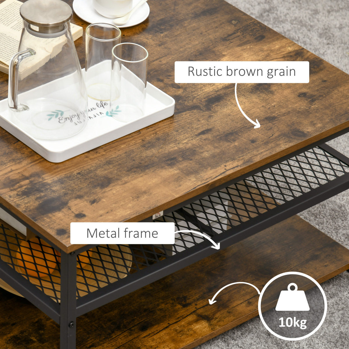 HOMCOM Industrial Coffee Table 3-Tier Storage
