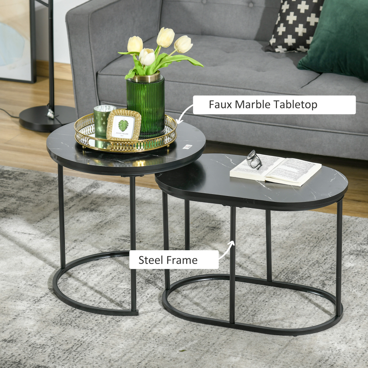HOMCOM Two Piece Marble Top Side Tables Round And Oval Black Steel Frames Living Room Set
