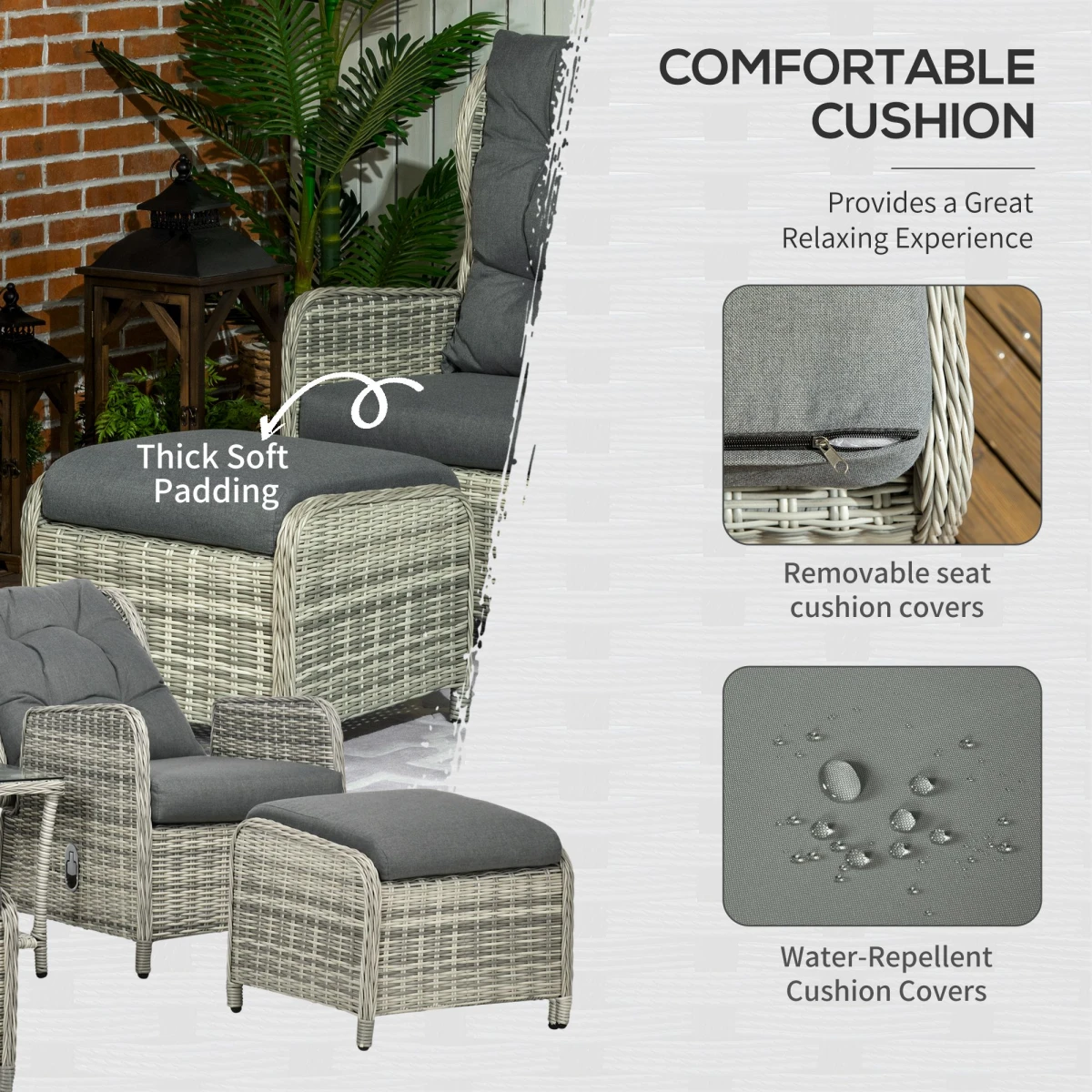 Outsunny Outsunny Recliner Rattan Sun Lounger Set 5-Piece Cushions And Two-Tier Table Mixed Grey Outdoor Patio - Sun Lounger