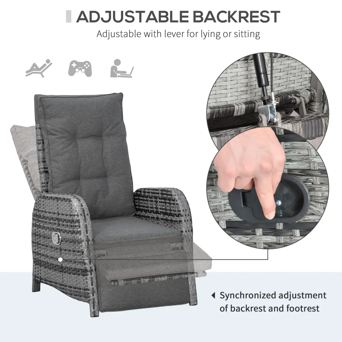 Outsunny 3 Pcs Rattan Chaise Lounge Sofa Set Bistro & Cushion Mixed Grey - Garden Sofa Sets