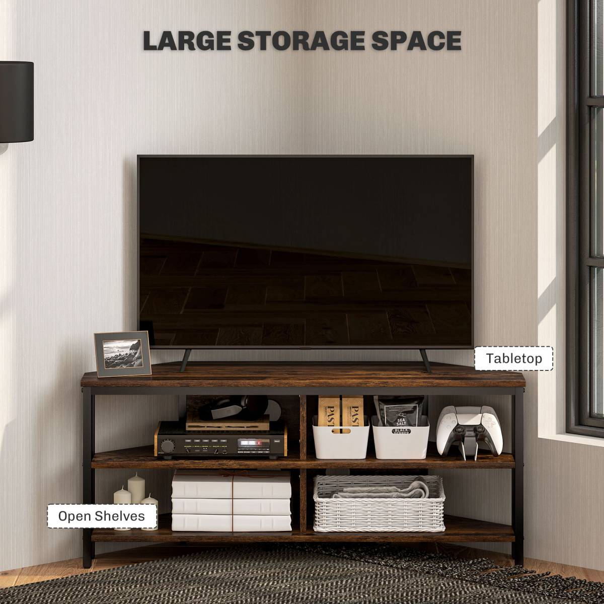 HOMCOM 50in corner TV stand in rustic brown with open shelves and metal frame, holding electronics and storage baskets.