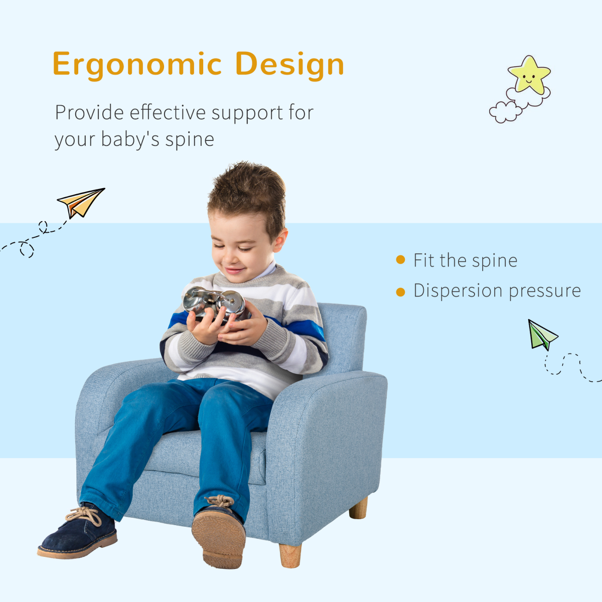 Child seated in blue cushioned kids armchair with wood frame and short legs (49L x 45W x 44.5H cm).