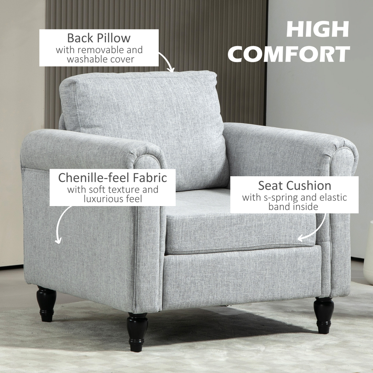 HOMCOM Vintage Armchair Medium Chenille Upholstered Lounge in light grey with foam padding and classic silhouette.