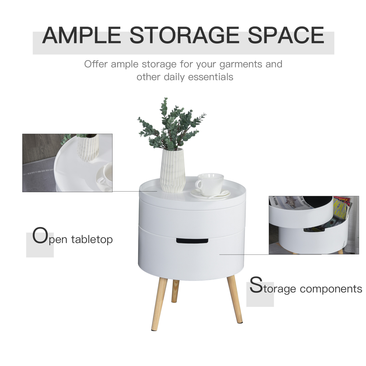 Premium White Circular Side Table Dia 16In Height 20In Removable Top Tray Dual Storage Nightstand And Coffee Table