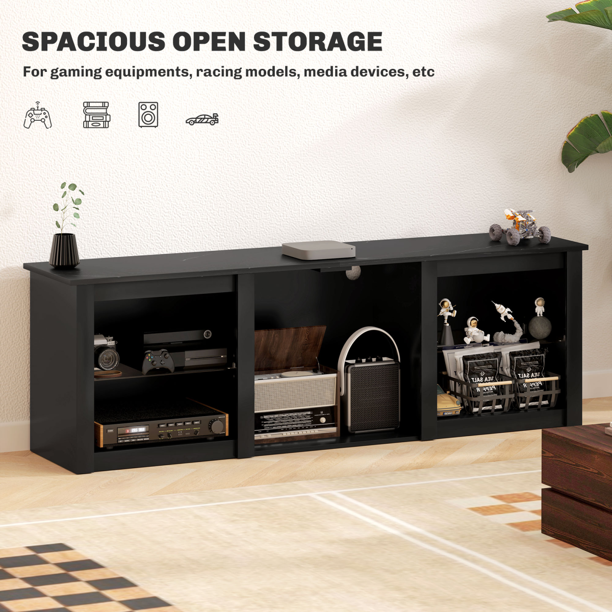 HOMCOM 160cm black marble TV unit for up to 65-inch TVs with LED lighting in 7 colors and 22 modes and open storage.