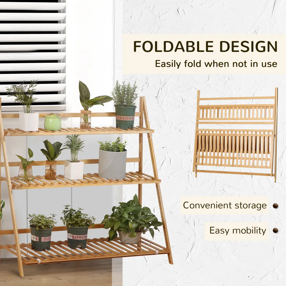 Outsunny 3-Tier Folding Bamboo Plant Stand Display Shelf Rack for Indoor & Outdoor - Wine Rack