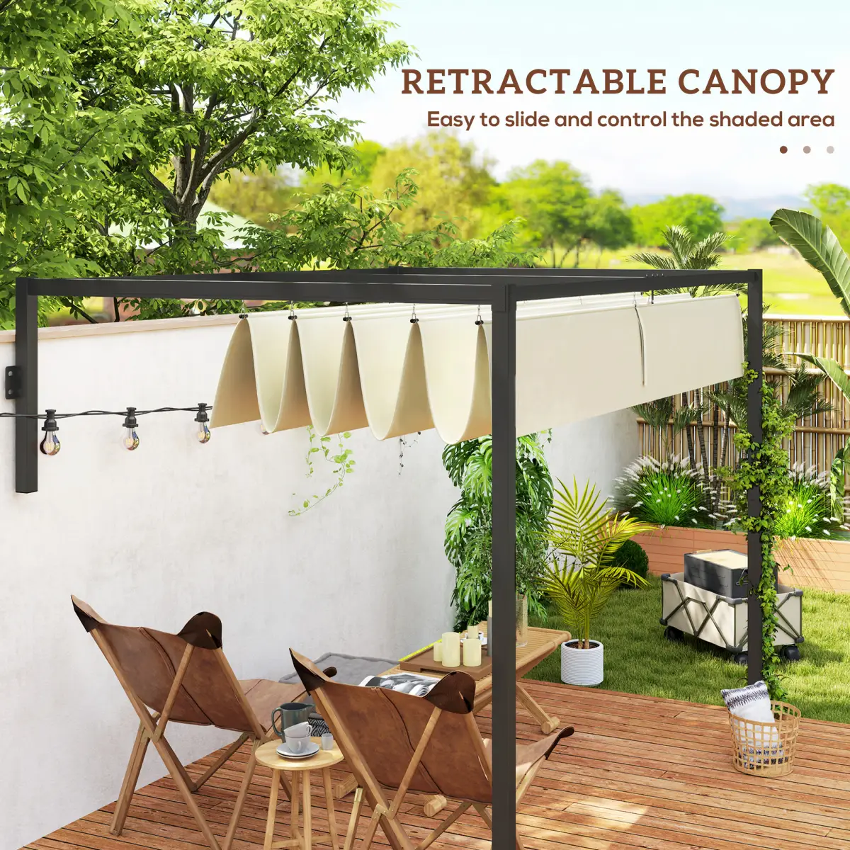 Outsunny Outsunny 2 x 3(m) Wall Mounted Pergola with Retractable Roof, Khaki - Gazebos