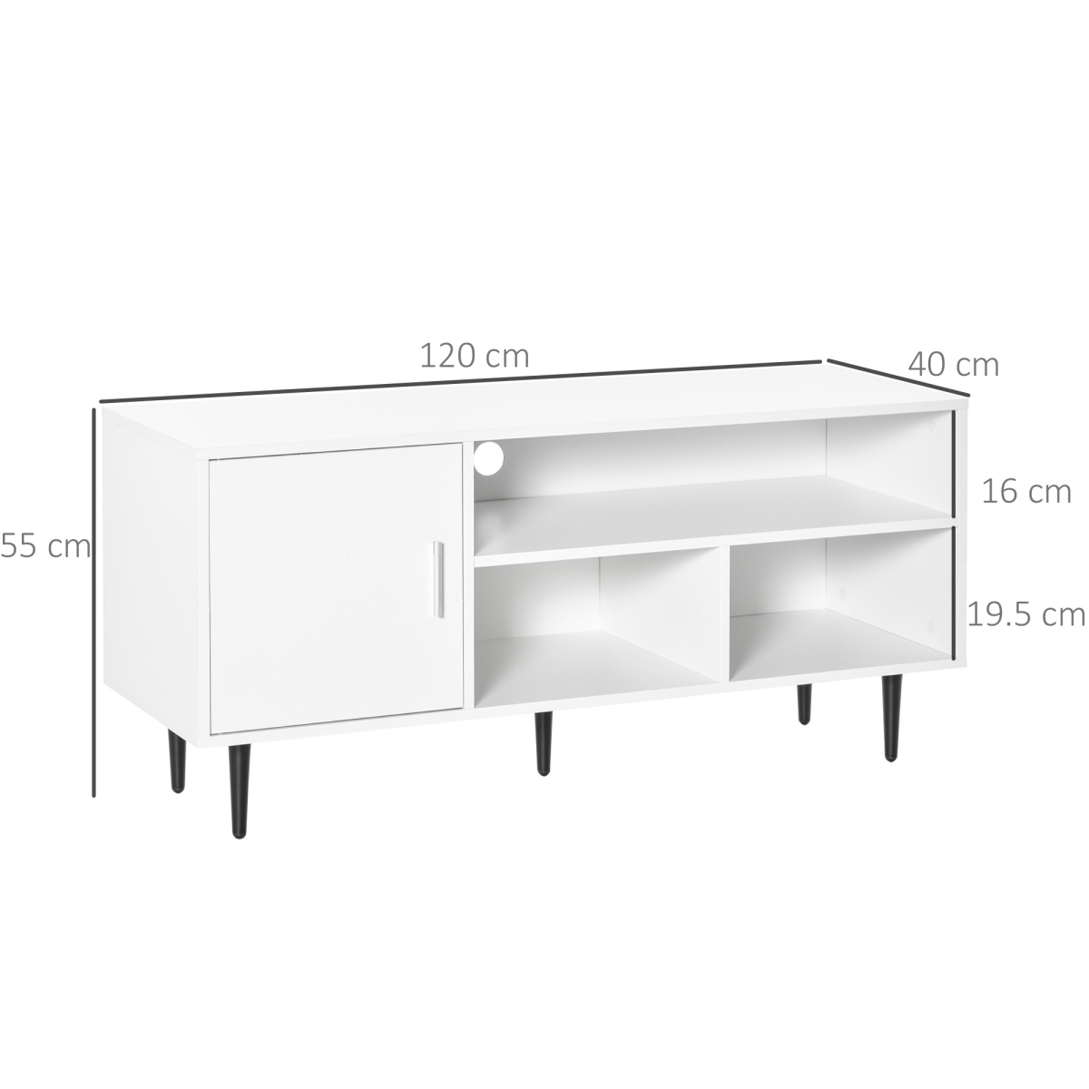 HOMCOM 120cm white TV stand with cabinet and three open storage cubes, cable hole, modern living room.