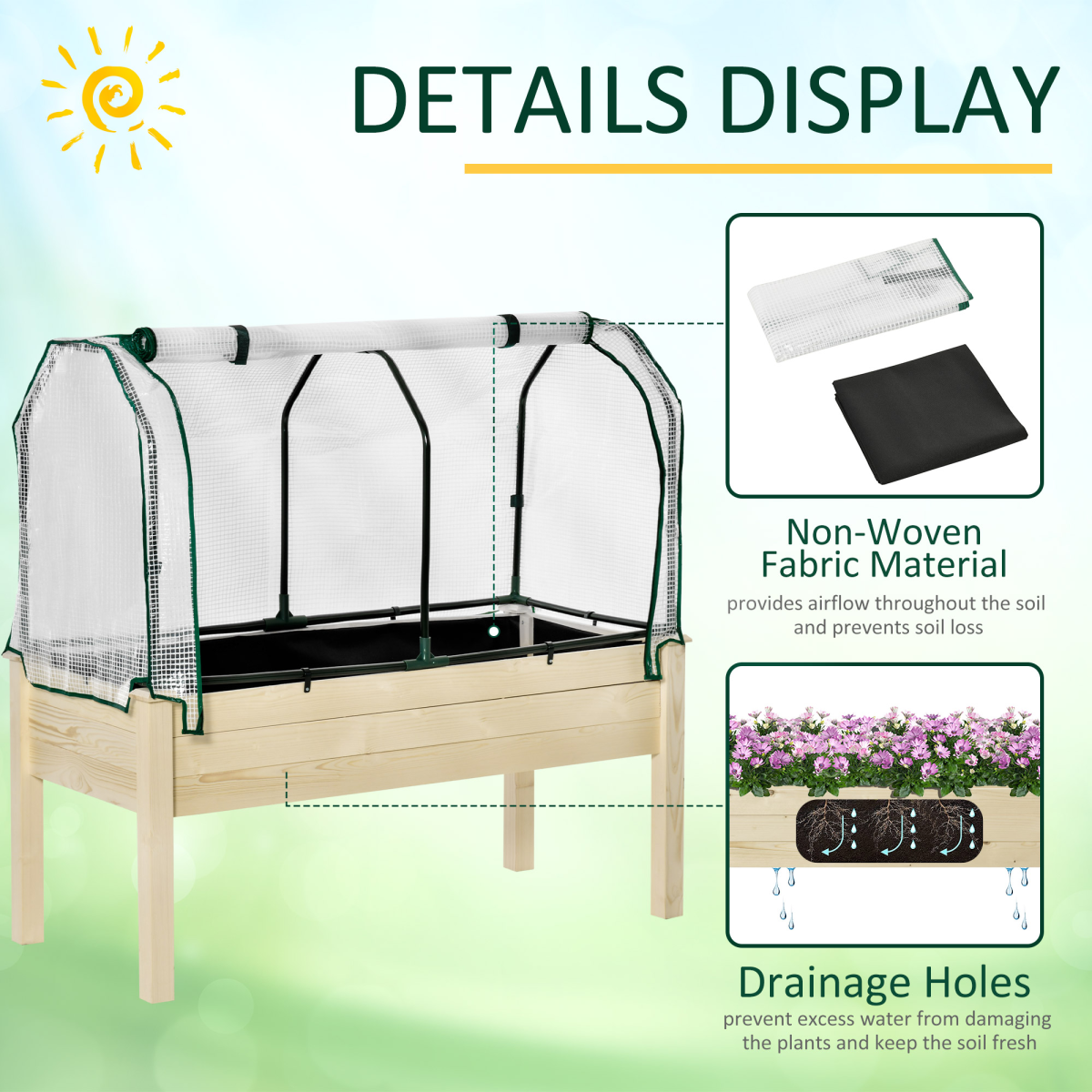 Top Garden Bed 4ft Planter with Greenhouse Cover, a raised wooden bed with white mesh cover and drainage holes.