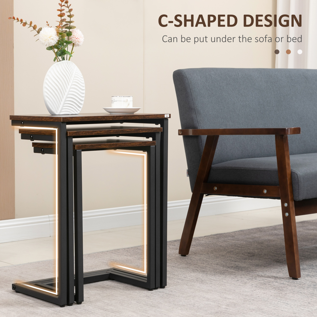 HOMCOM C Shaped Nesting Tables Set of 3 Small Medium Large Rustic Brown Steel Frame Space Saving Living Room End Tables - HOMCOM - Home Symphony