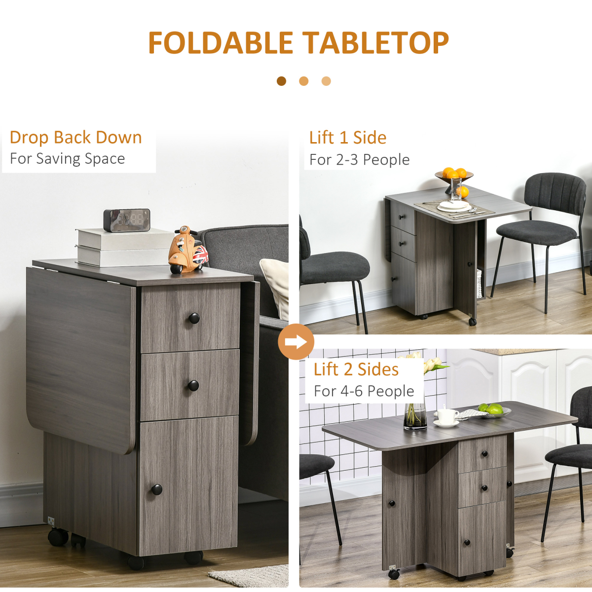 HOMCOM Drop Leaf Table Grey Wood Compact Drawers Apartments - HOMCOM - Home Symphony