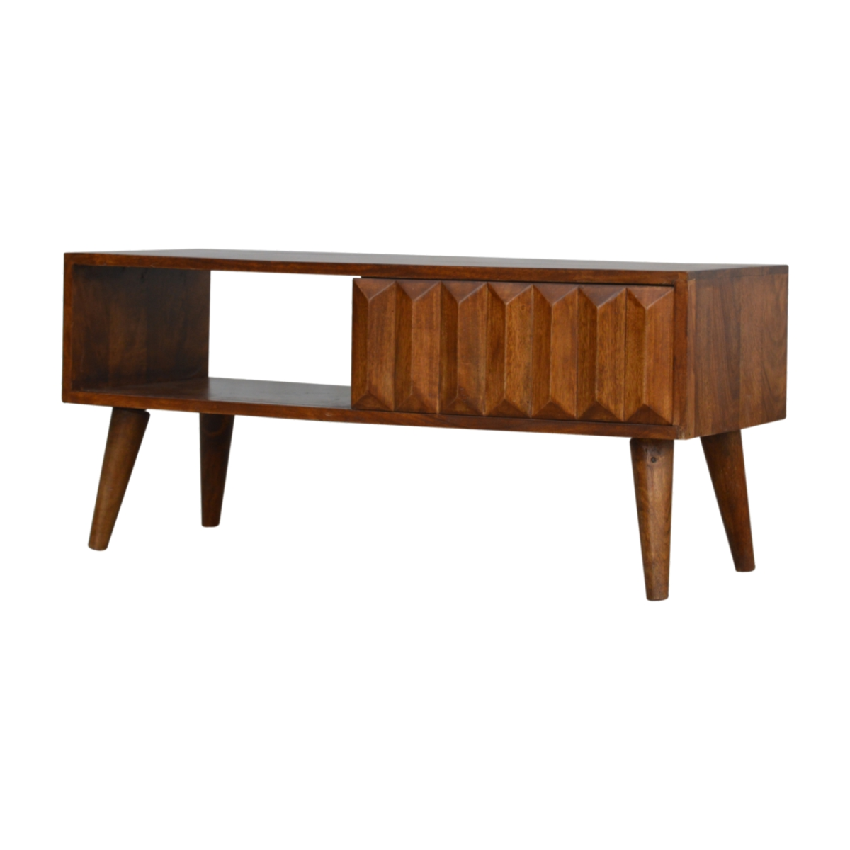 Artisan 120cm mango wood media console with open shelf and prism door in warm chestnut finish.