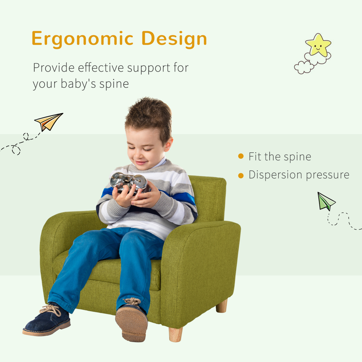 Child sits in HOMCOM green armchair with wood frame and padded seat for kids' bedroom