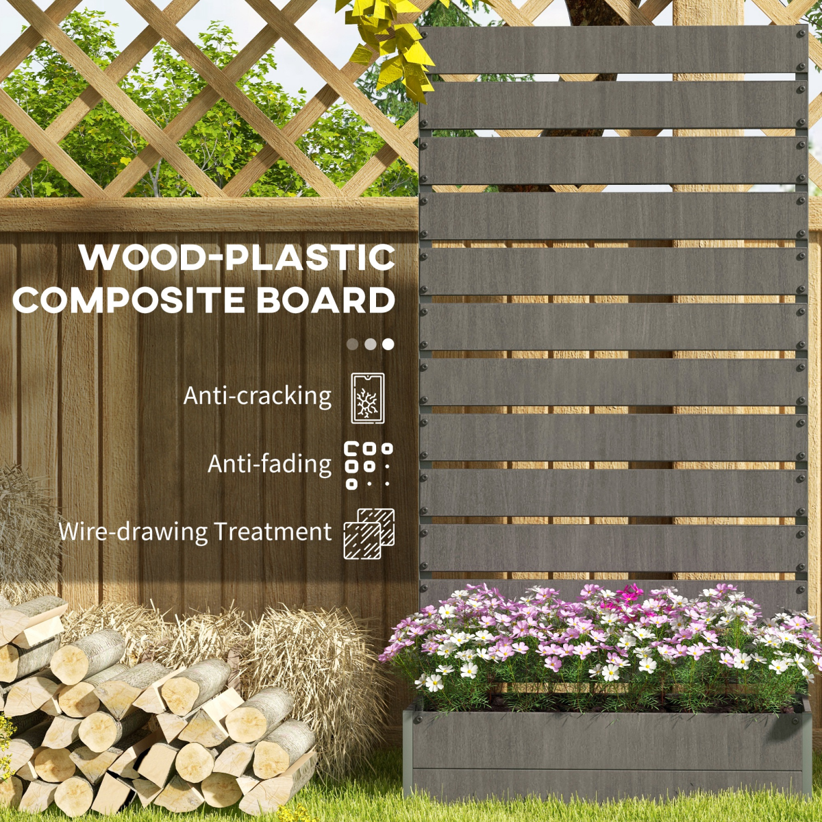 Outsunny Raised Garden Bed Tall with Trellis for Gardeners, wood-plastic composite panels, anti-cracking, anti-fading