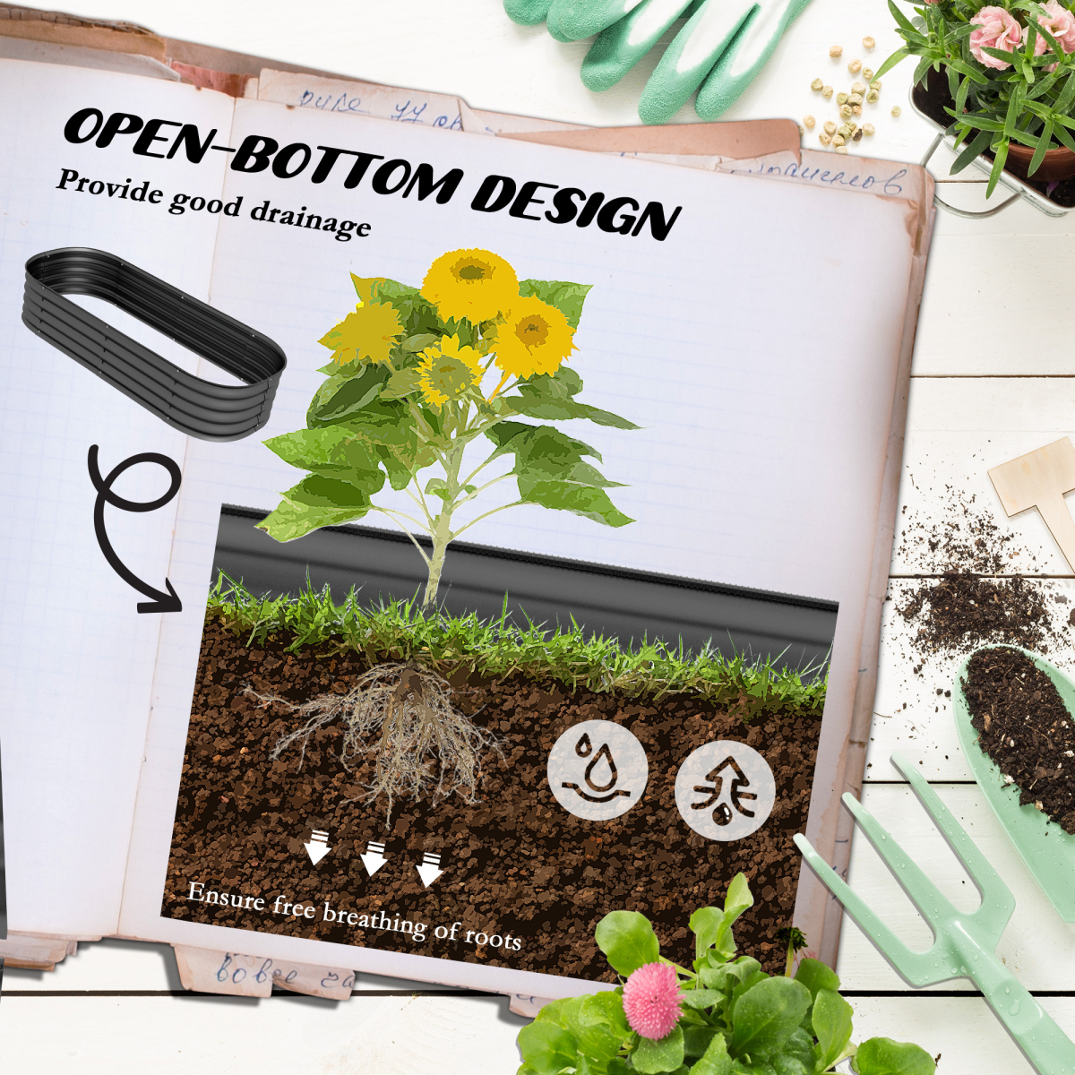Outsunny Raised Garden Bed Planter With Safety Edging; open-bottom design for direct soil contact and healthy roots.