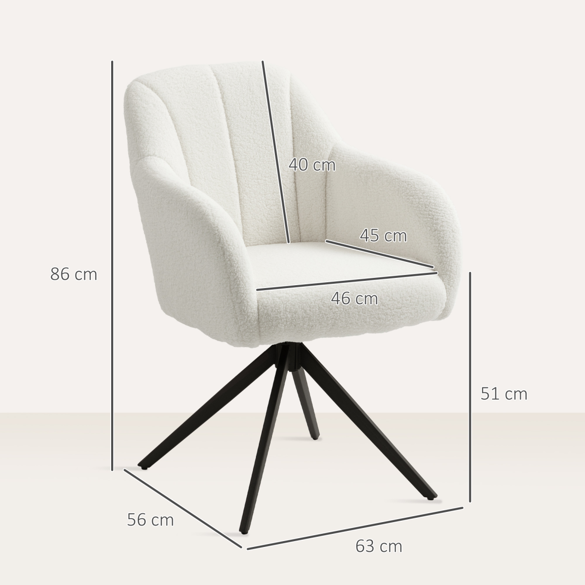 HOMCOM white teddy fleece swivel chair, 13 cm thick seat, curved silhouette, 360° swivel on black metal base.
