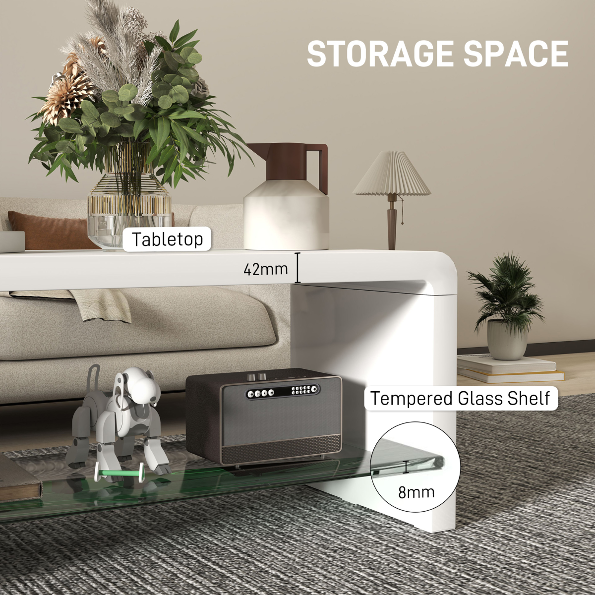 HOMCOM High Gloss Storage Coffee Table Two Tier White With Glass Shelf For Living Room