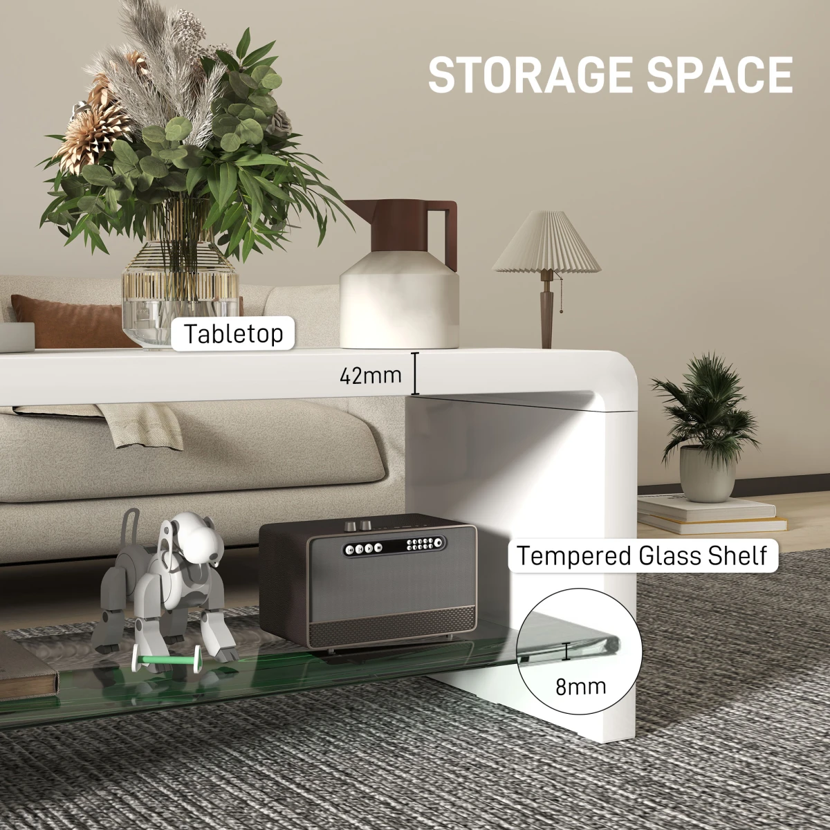 HOMCOM HOMCOM High Gloss Storage Coffee Table Two Tier White With Glass Shelf For Living Room - Coffee Table