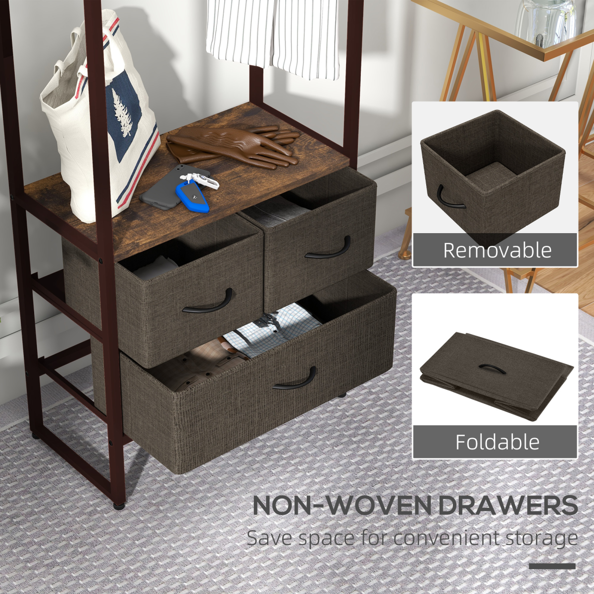 HOMCOM Clothes Hanging Rail 59cm 3 Fabric Drawers Hallway - HOMCOM - Home Symphony