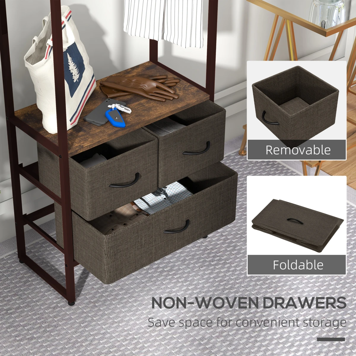 HOMCOM HOMCOM Clothes Hanging Rail 59cm 3 Fabric Drawers Hallway - Wardrobe