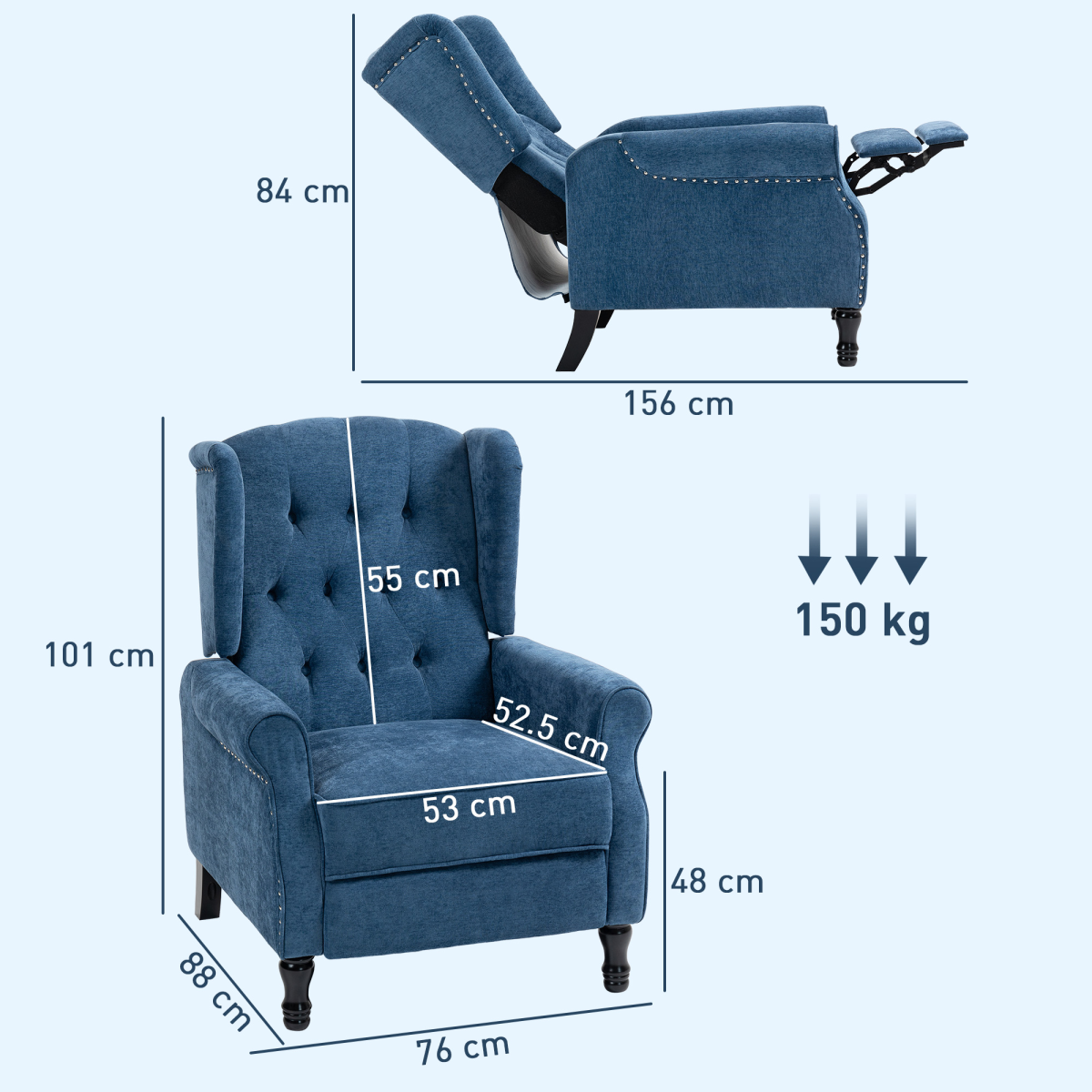 HOMCOM Manual Reclining Armchair With Footrest Royal Blue - HOMCOM - Home Symphony