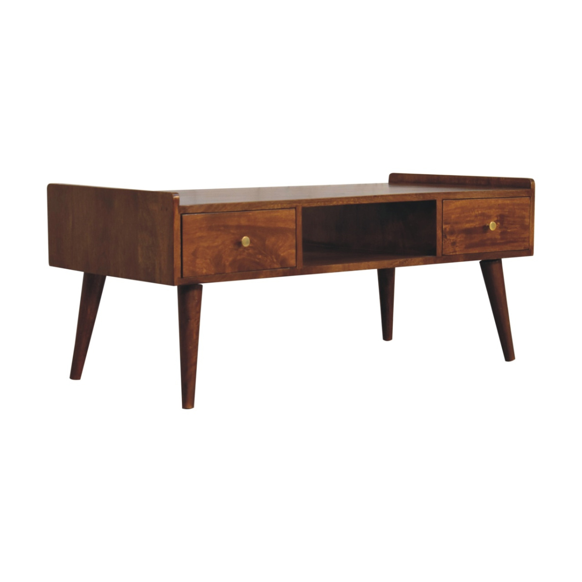 Artisan media unit: wide chestnut mango wood TV console with two drawers, center shelf, raised edges, Nordic legs.