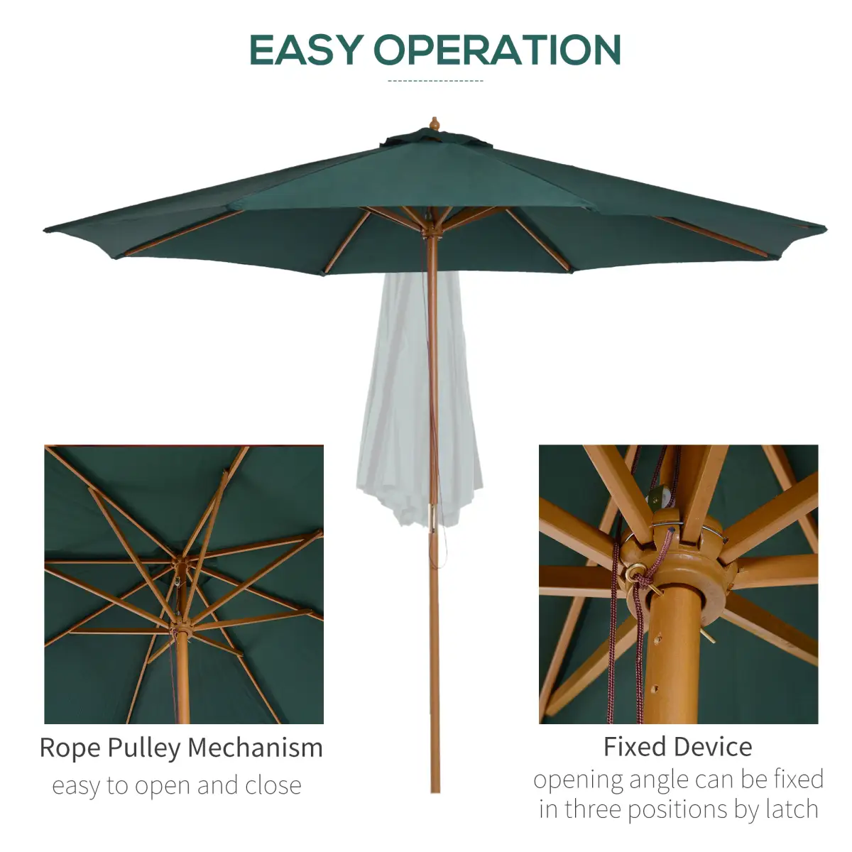 Outsunny Outsunny Wooden Garden Parasol with Rope Pulley Mechanism and 8 Ribs Dark Green - Parasol