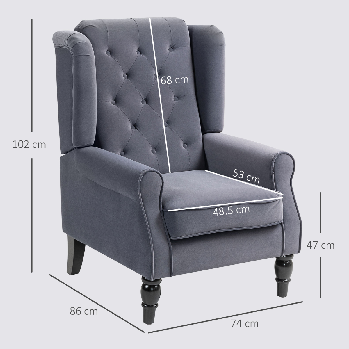 HOMCOM charcoal velvet accent armchair with tufted high back, piping arms, solid wood legs; dimensions 102x74x86 cm.
