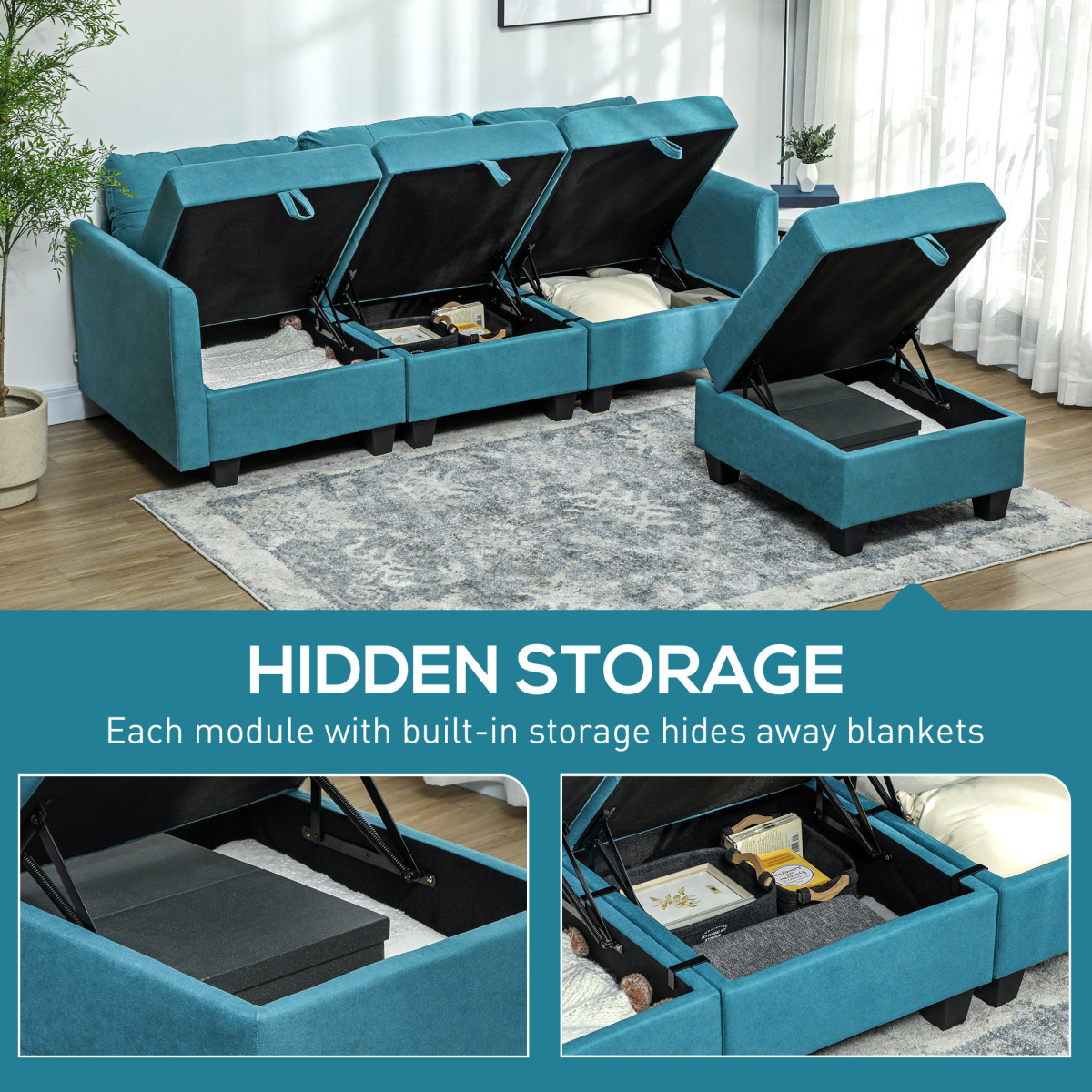 HOMCOM L Shaped Modular Sofa With Storage Light Blue - HOMCOM - Home Symphony