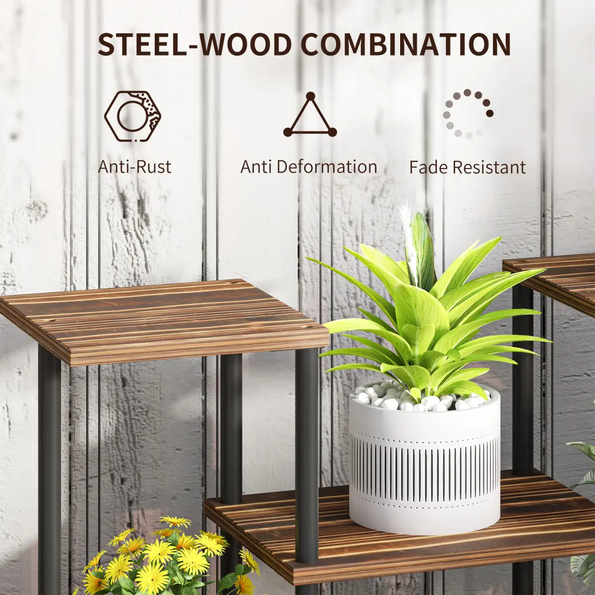 Outsunny Outsunny 4 Tiered Metal Flower Shelf Display Rack, Carbonised Finish - Wine Rack