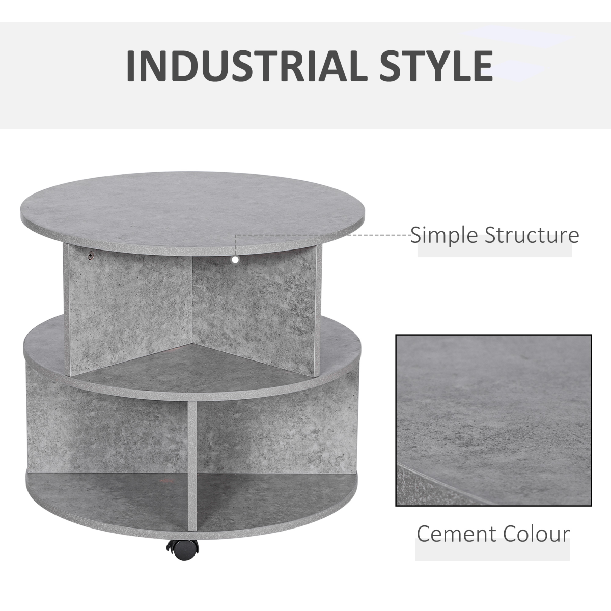 Concrete Finish Round Coffee Table 60x39.5cm Two Tier With Sector Shelves For Living Room - HOMCOM - Home Symphony