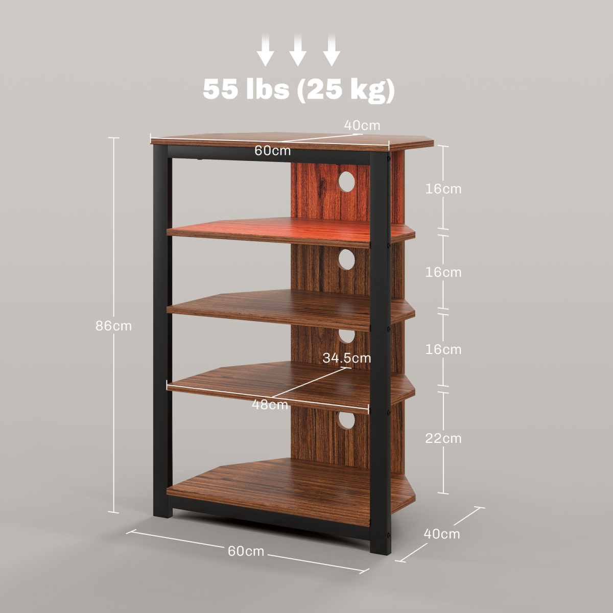 HOMCOM TV Stand with four tiers, RGB LED lighting for 29-inch TV, wood shelves, black frame, 60x40x86 cm