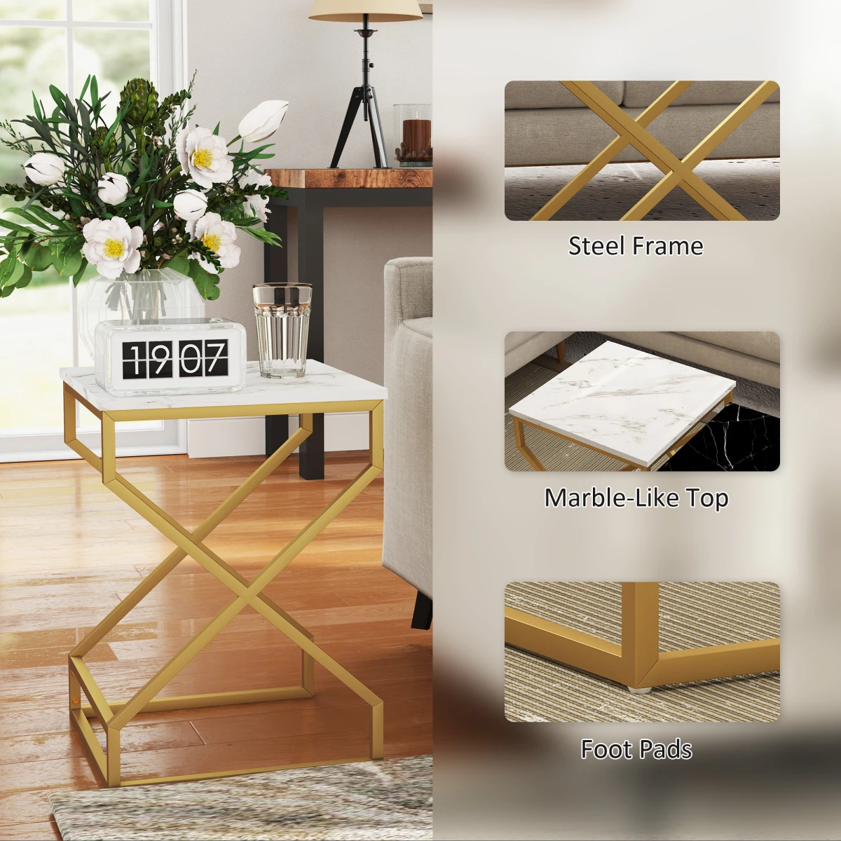 HOMCOM HOMCOM Nest Of Tables Two Piece Set Marble Effect Tops Gold Tone Steel Frame For Living Room - Coffee Table