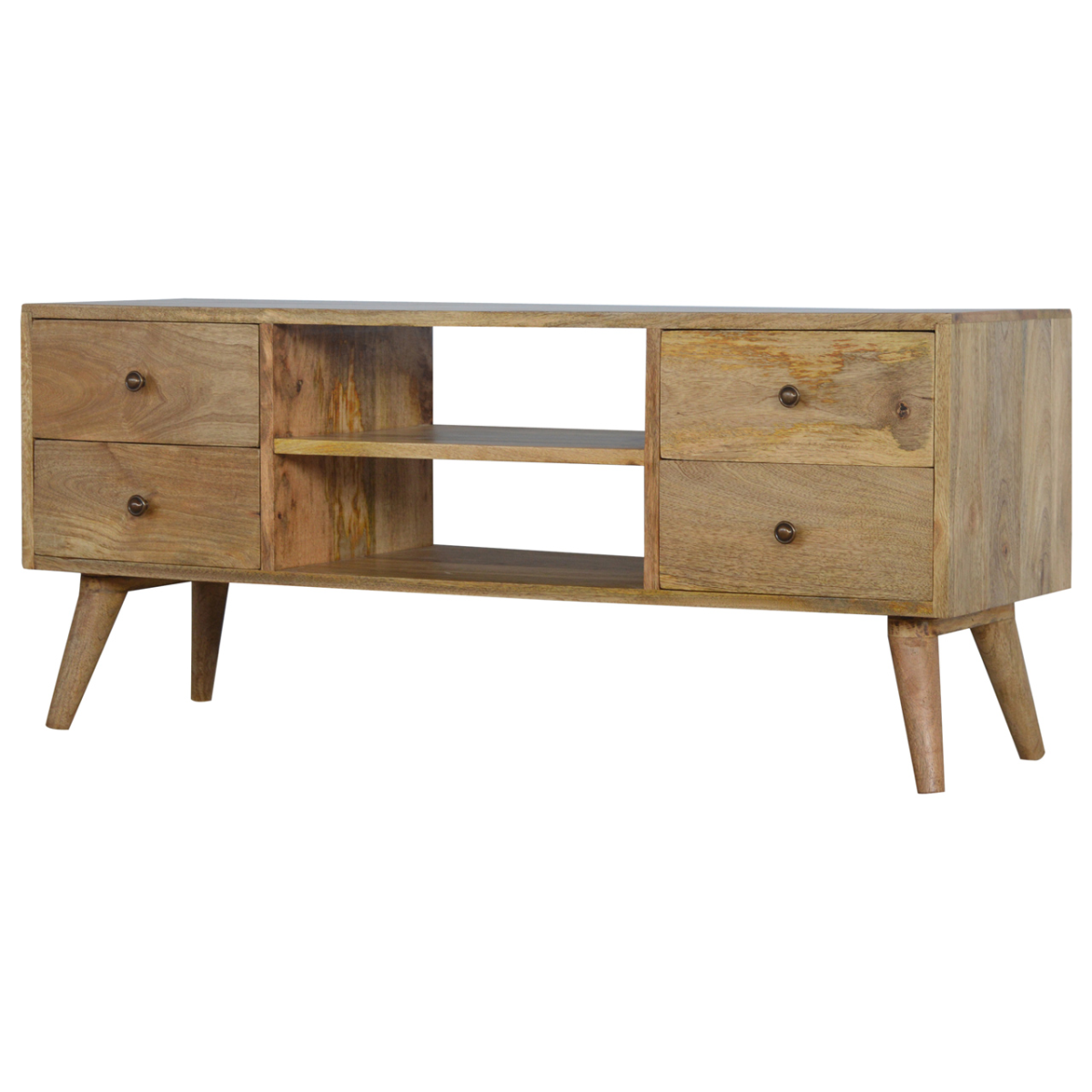 Artisan solid wood Nordic TV console with four drawers, two open shelves, natural finish, mid-century legs.