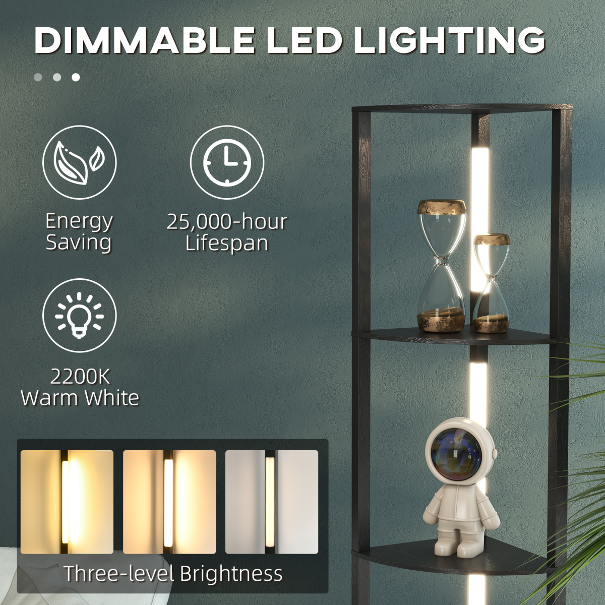 HOMCOM Corner Floor Lamp with Dimmable Warm White LED Light, for Living Room, features three shelves and adjustable brightness.