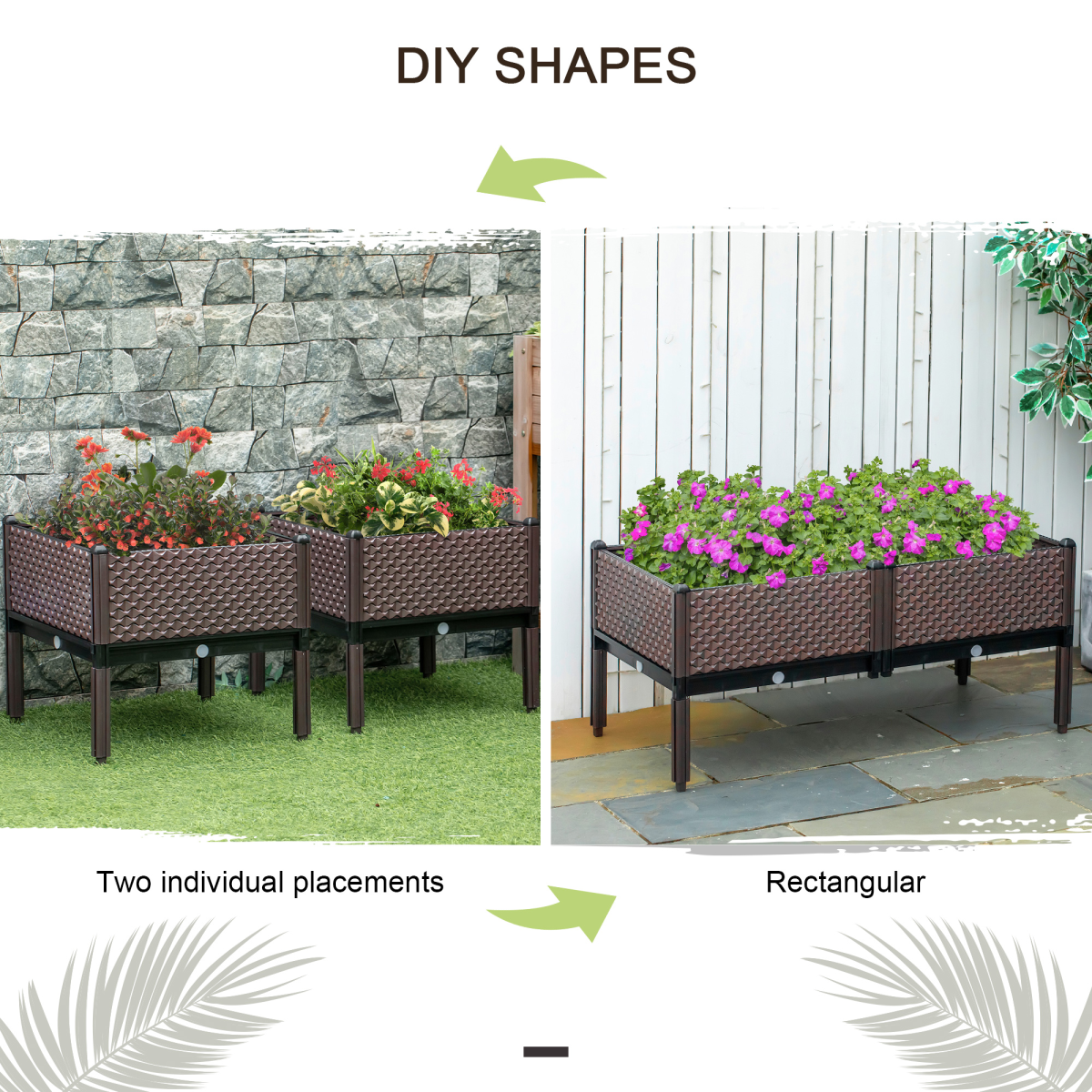 Outsunny brown raised garden bed set of 2 on legs for balcony gardening, two rectangular planters filled with flowers.