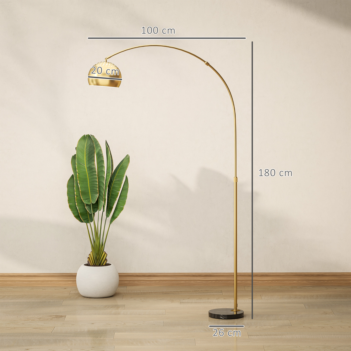 Stylish HOMCOM Arc Floor Lamp for Living Room, Free Standing Tall Lamp, Gold Tone enhances modern decor with stability.