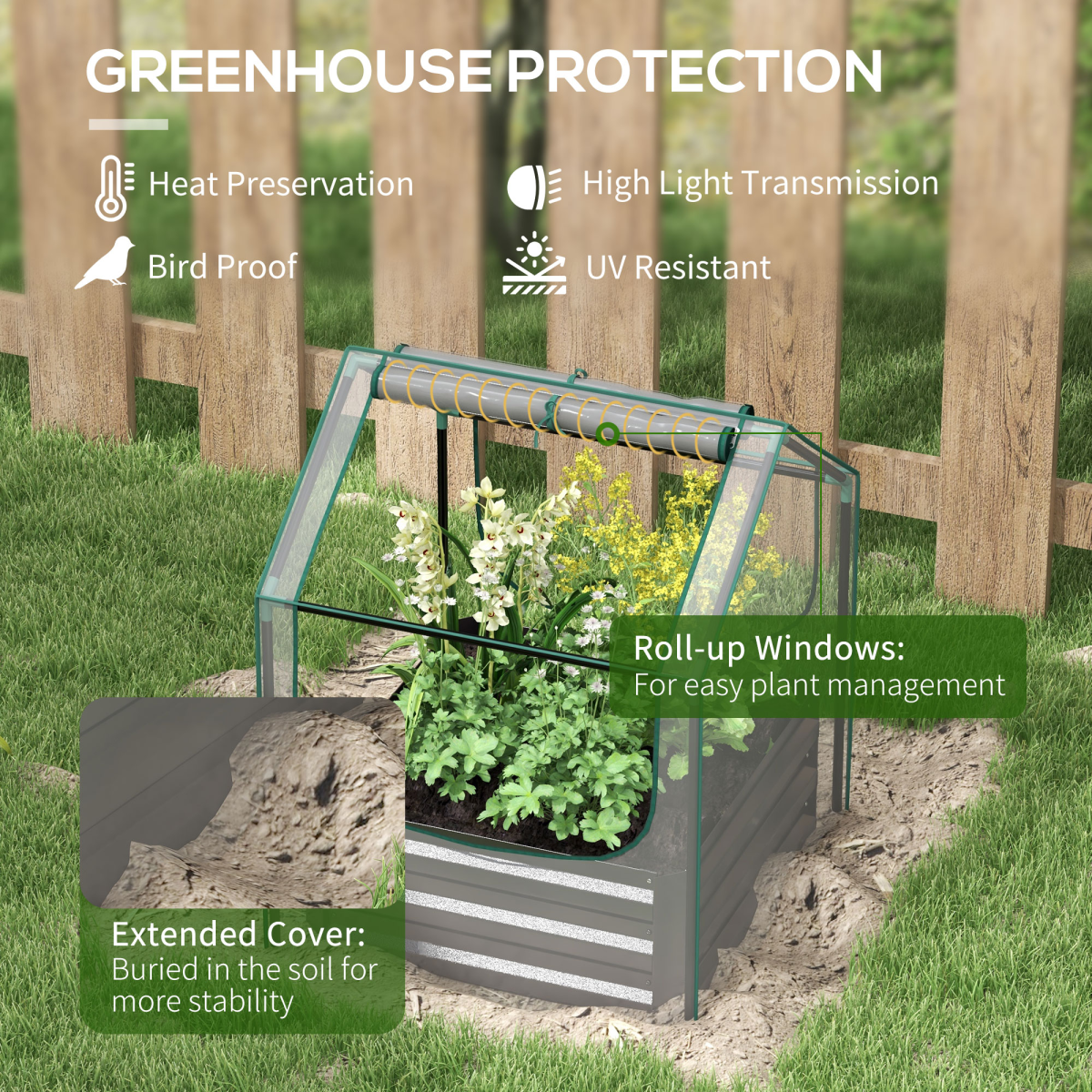 Outsunny raised garden bed planter with 10cm edge greenhouse, galvanized frame, clear cover, and roll-up windows.