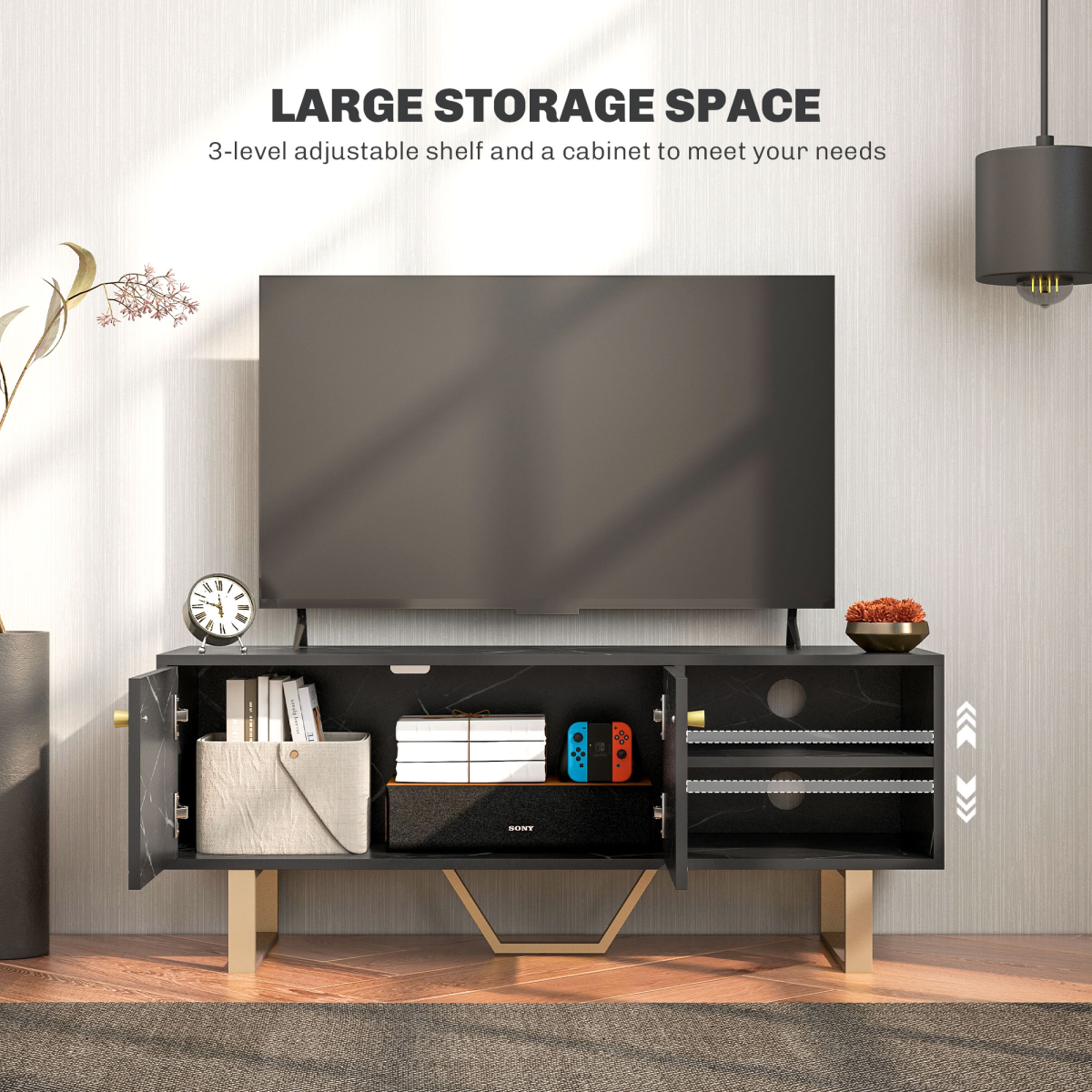 HOMCOM black marble TV unit with storage: TV on top, two shelves and a cupboard with cable hole for living room.