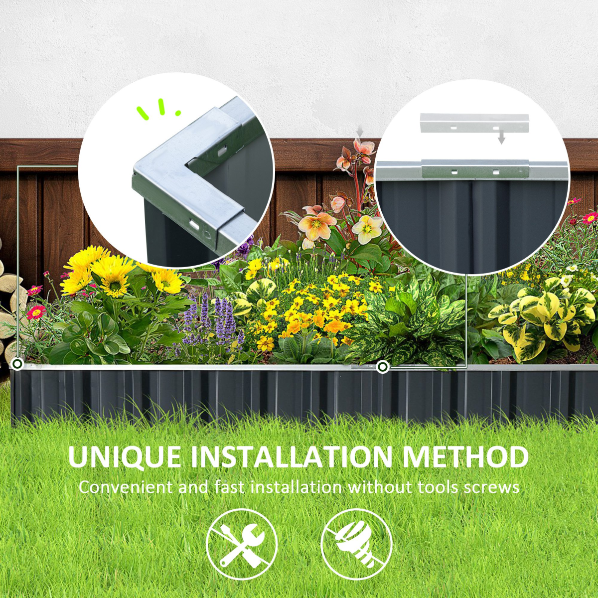 Outsunny metal raised garden bed 258x90cm with gloves kit for planting flowers and vegetables