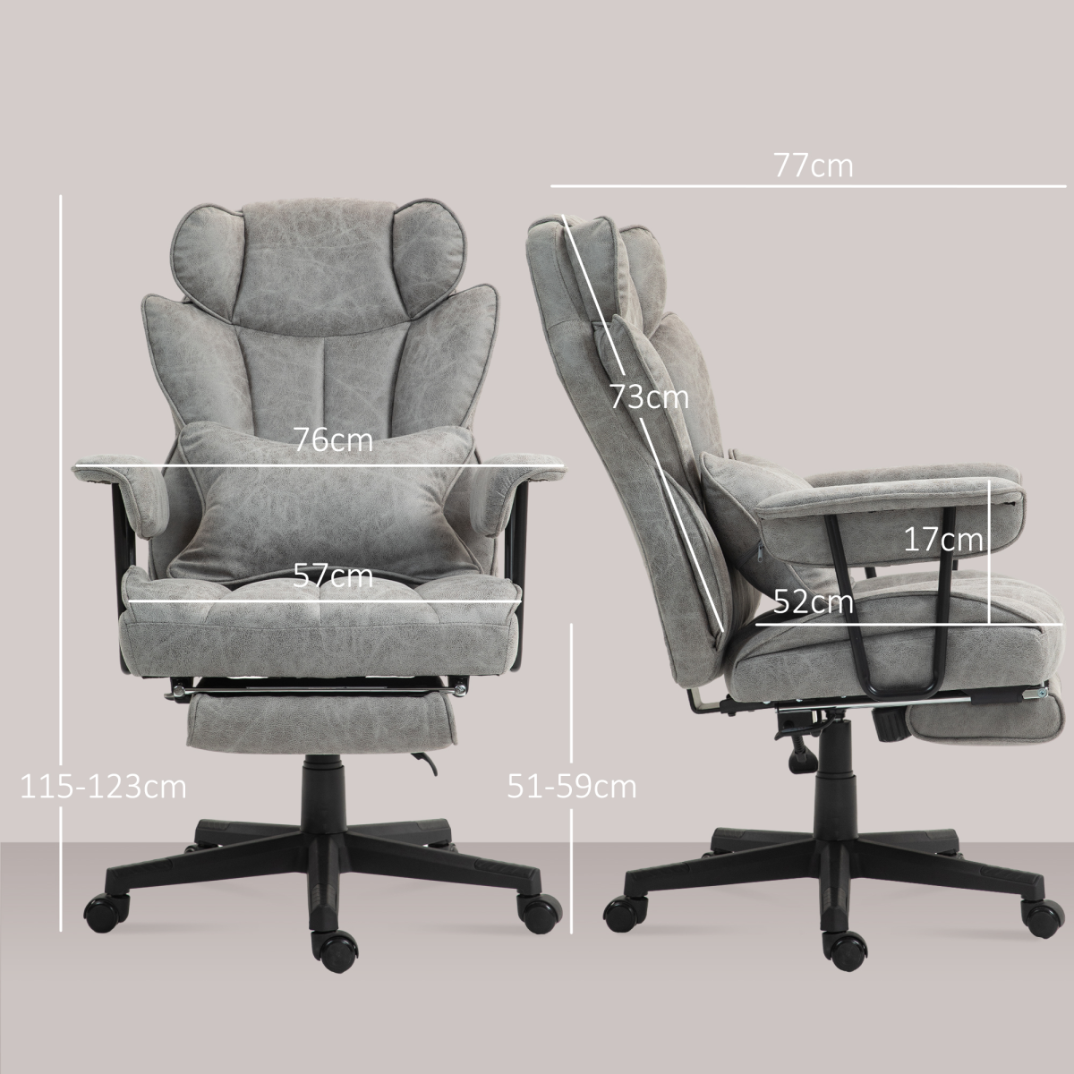 HOMCOM Office Chair 16cm Padding Footrest For Home Office — front and side views in grey with measurements.