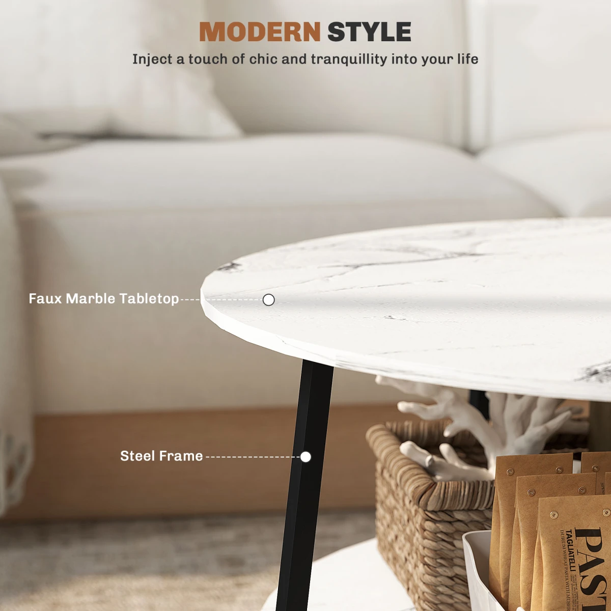 HOMCOM Round Coffee Table 90 cm Diameter Marble Effect Top Storage Shelf Two Tier Ideal for Living Rooms by HOMCOM