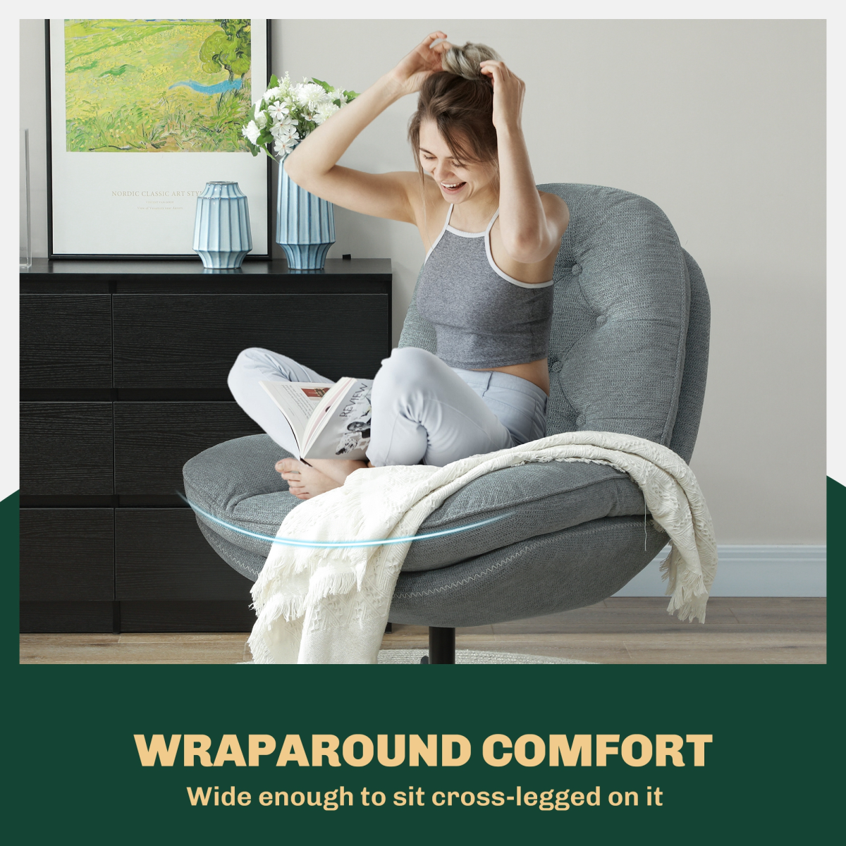 Homcom Accent Chair Medium WaterRepellent Chenille Home: 360° swivel, grey chenille with tufted back.