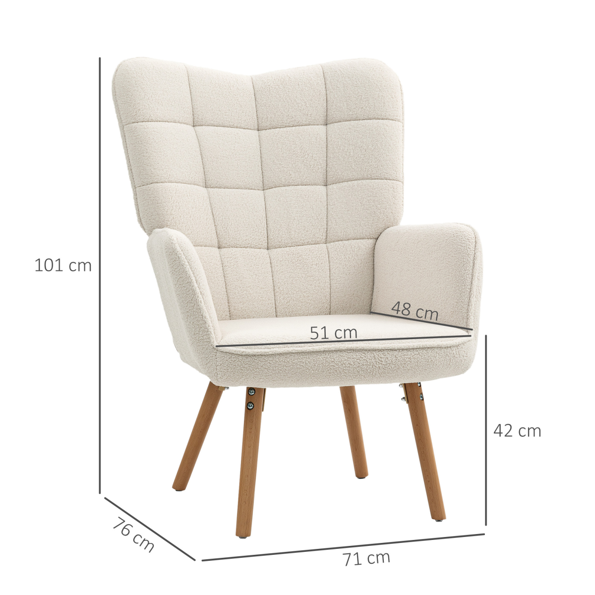 HOMCOM tufted wingback armchair in beige teddy fleece with wooden legs and sponge-filled seat.