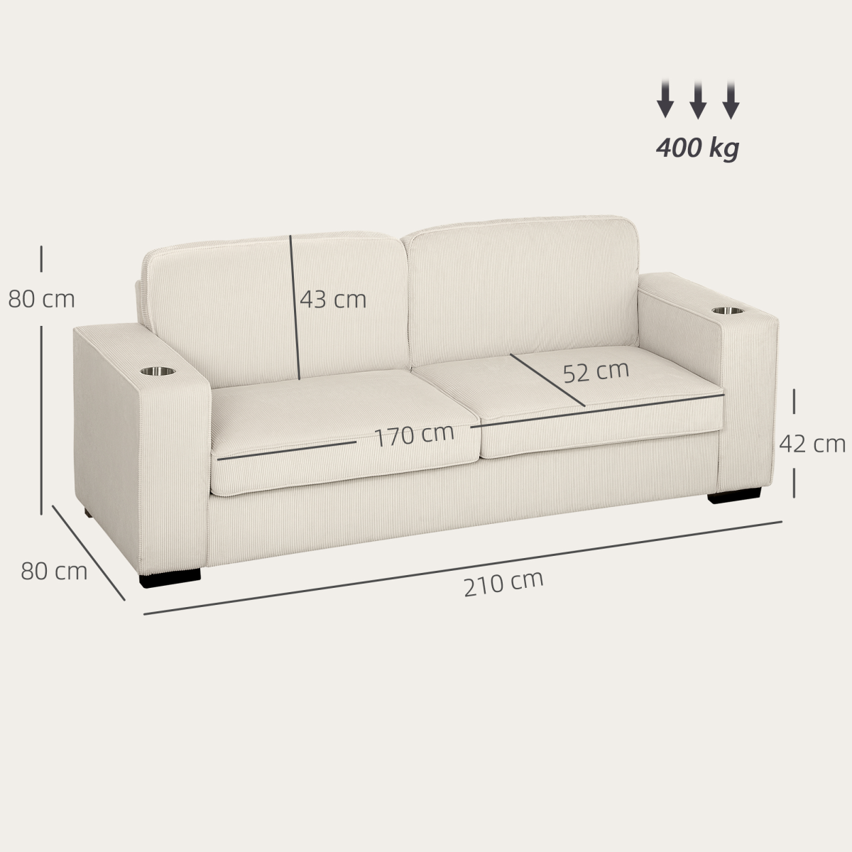 Homcom Three Seater Sofa Corduroy Cream White Cup Holders - HOMCOM - Home Symphony
