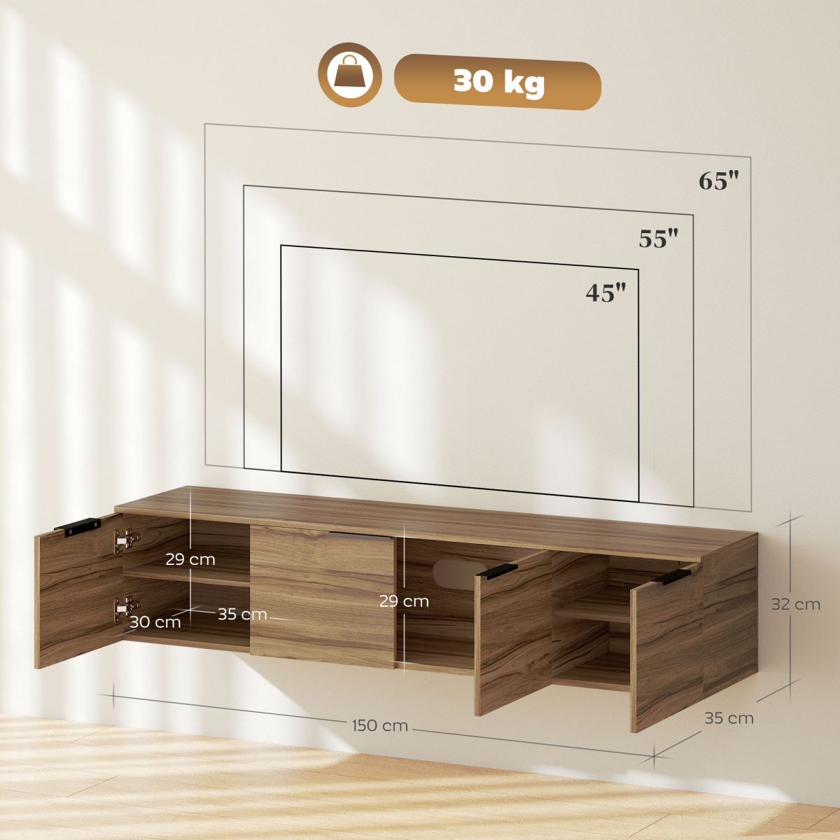 Rustic brown den floating TV stand, 65in wide, wall-mounted with open shelves and cabinets.