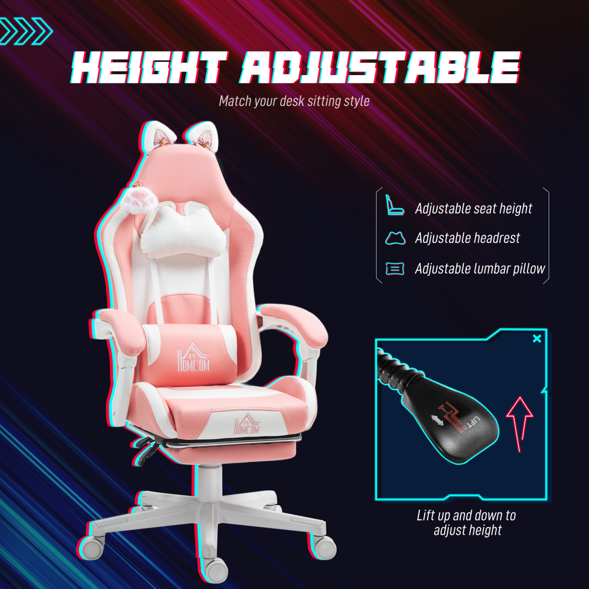 HOMCOM Pink Gaming Chair 44-52cm Recline Footrest for Gamers with cat ears and paw details.