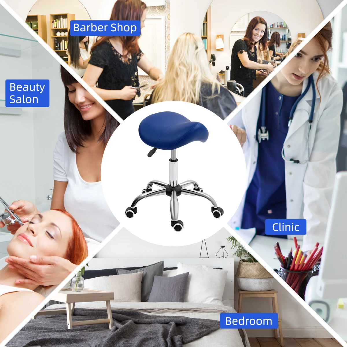 HOMCOM Saddle Stool 49-61cm Blue PU Leather 5-Wheel Base for Salons and Home Beauty by HOMCOM