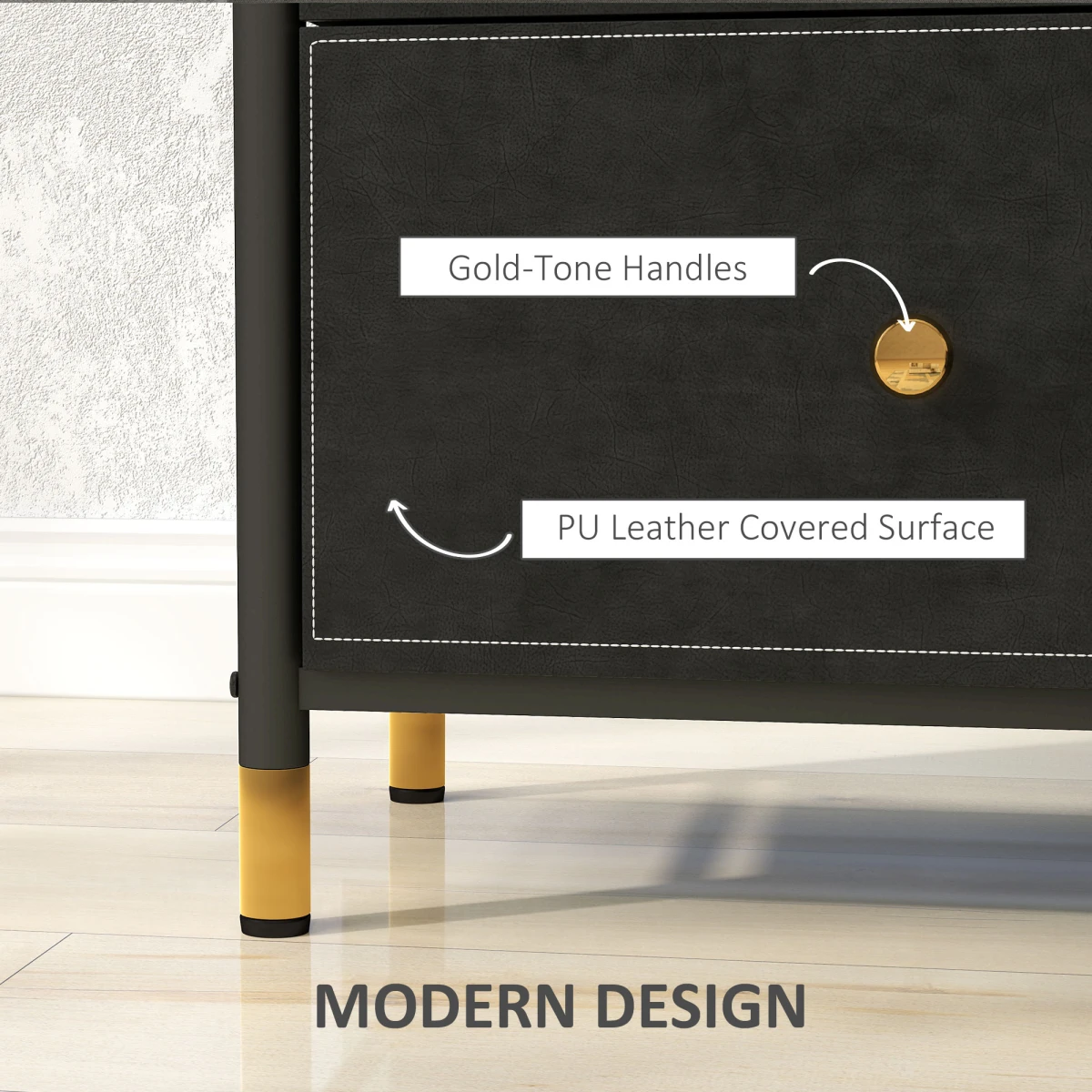 HOMCOM HOMCOM Three-Drawer Chest Faux Leather Fronts Gold Accents For Bedroom And Living Room - Chest of Drawers